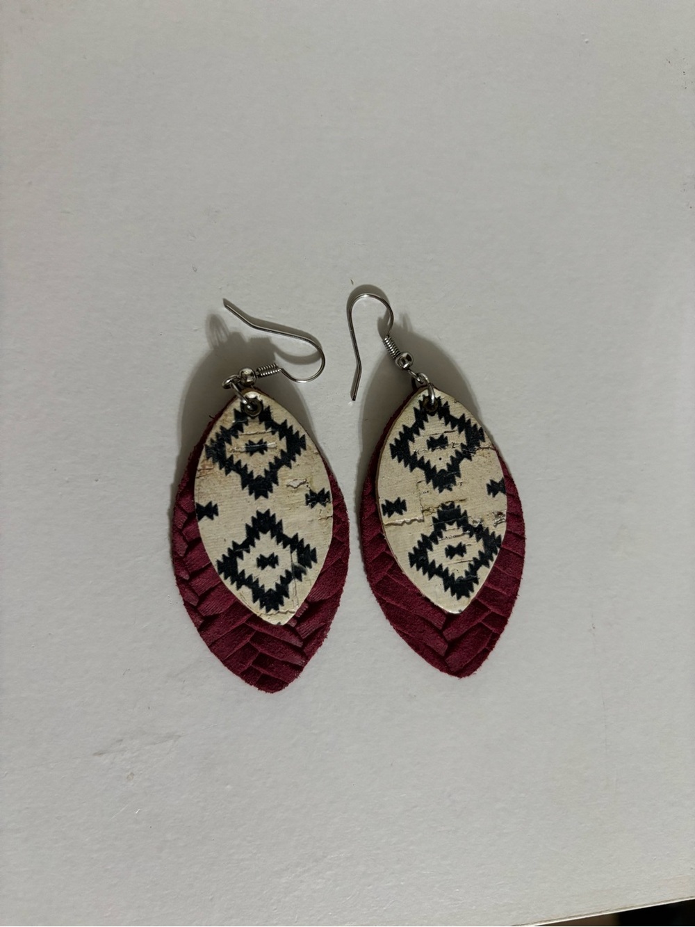 Boho Maroon and Cream Layered Leather Drop Earrings